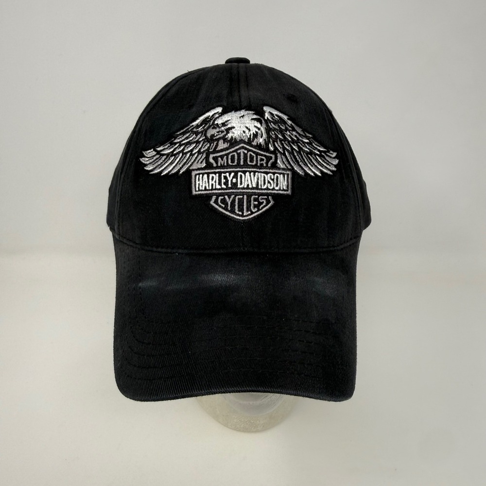 Distressed Harley-Davidson Black Eagle Embroidered Fitted Baseball Cap Hat L/XL
